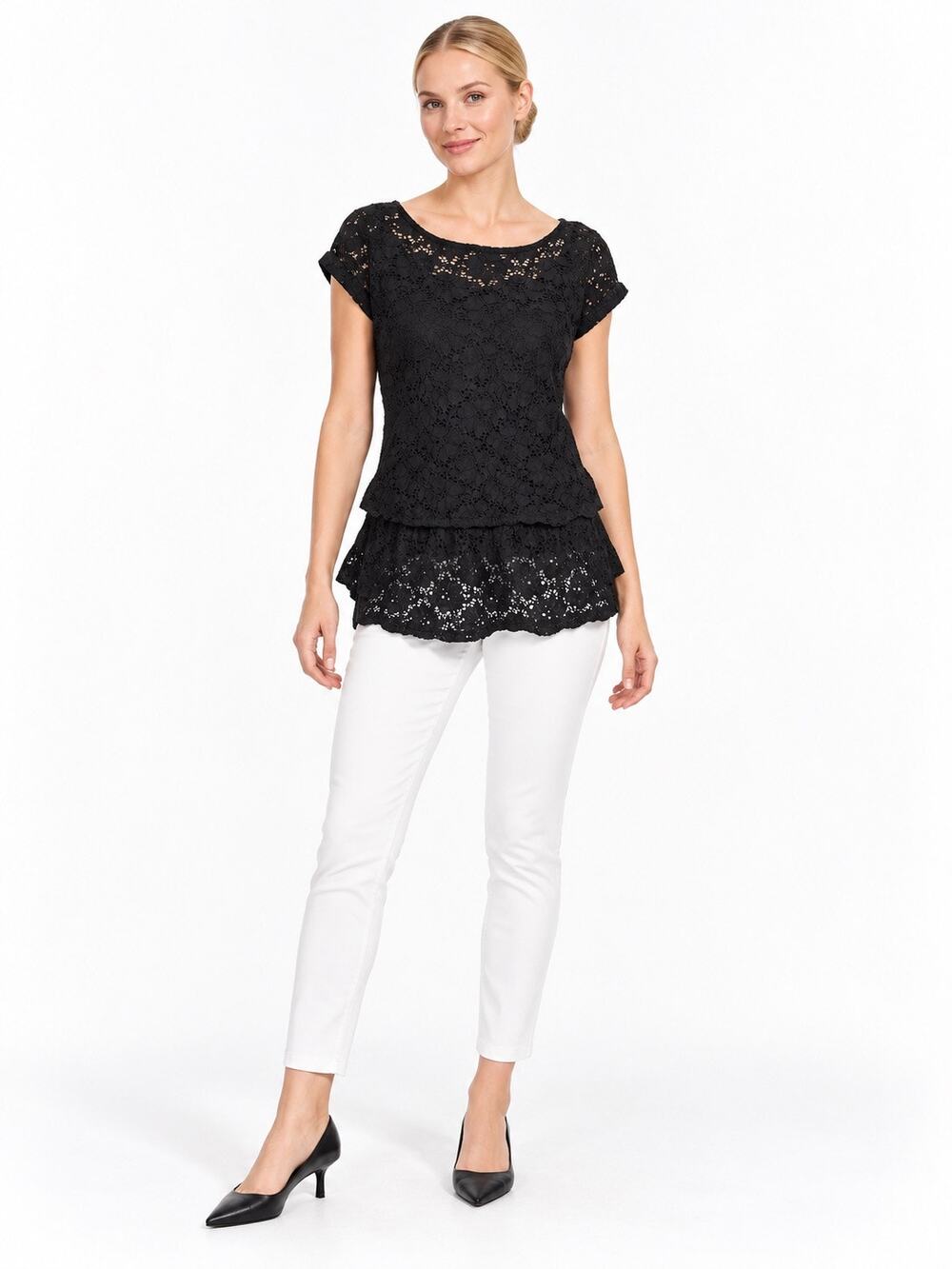 Style & Co. Black Lace Peplum Short Sleeve Blouse w/ Built-In Camisole
